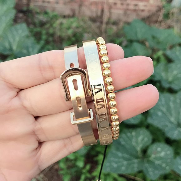 2/$35 💗 3 Piece Royal Roman Bracelets Bangles Adjustable Black Buckle - Picture 2 of 3